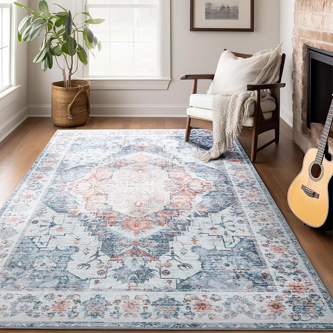 4x6 Washable Rug – Boho Non-Slip Indoor Area Rug for Living Room, Bedroom, Dining Room, Entryway –Muted Blue and Rust Distressed Pattern