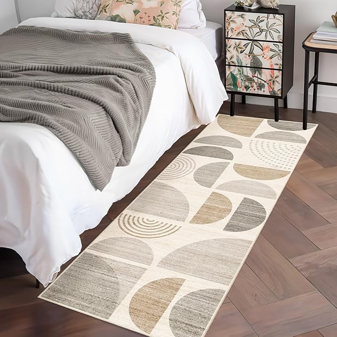 MUJOO Boho Runner Rug Washable,2x6 Area Rugs for Hallways Kitchen Bathroom Bedroom Entryway,Non Slip Carpet Long Mat Indoor,Soft Modern Abstract Bohemian Neutral Beige