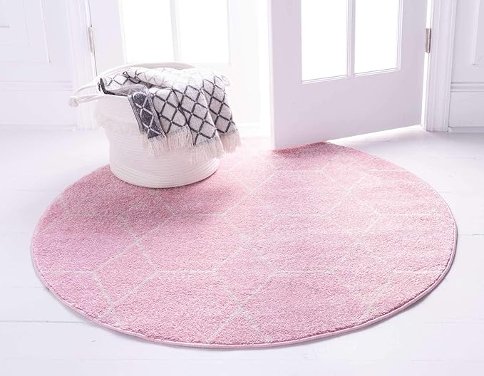Unique Loom Trellis Frieze Collection Area Rug - Geometric (8' Round, Light Pink/ Ivory)