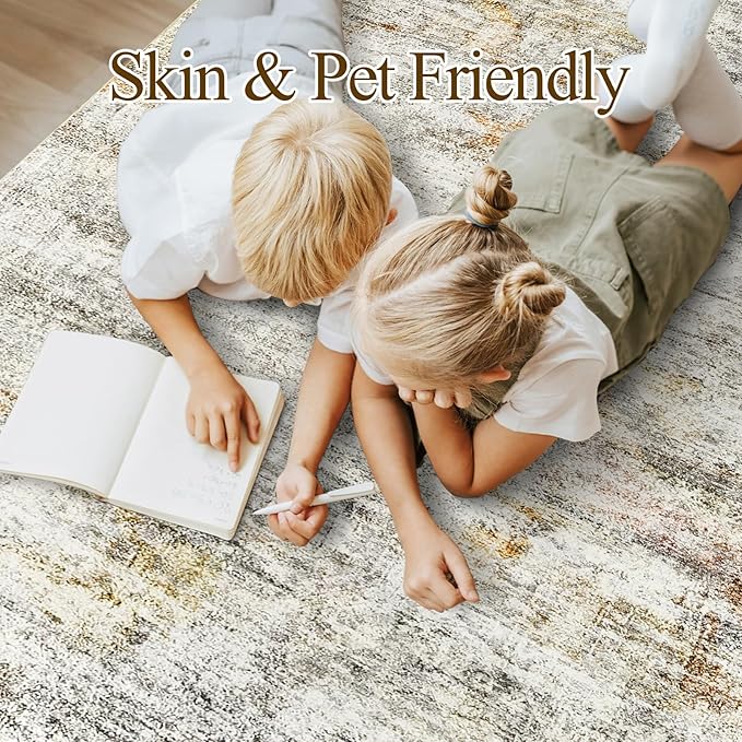 Washable Area Rug 8x10, Large Soft Abstract Rugs for Living Room Vintage 8x10 Area Rugs for Bedroom Dining Room Non-Slip Stain Resistant Under Table Gray Rust Rug