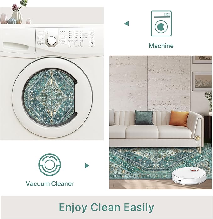 Bavni Washable Rug 8x10 Area Rug for Living Room Bedroom Dining, Washable Vintage Print Carpet, Ultra-Thin Chenille Low Pile Lightweight Rug with Non Slip Backing, Blue/Green