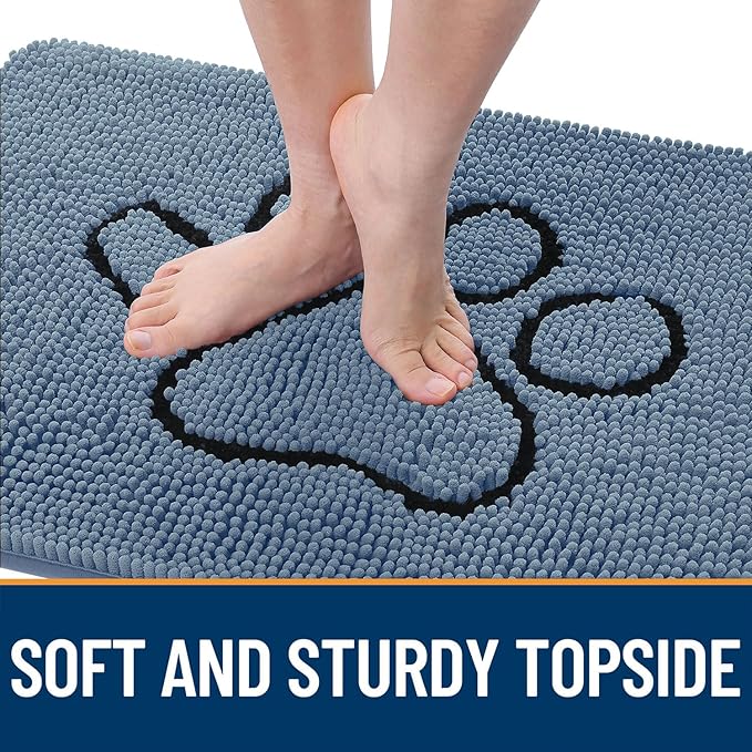 OLANLY Dog Door Mat for Muddy Paws 36x24, Paw Print Design, Absorbs Moisture and Dirt, Absorbent Non-Slip Washable Doormat, Quick Dry Chenille Mud Mat, Entry Indoor Entryway Carpet, Airy Blue