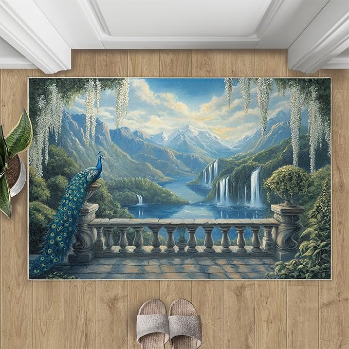 Peacock Rug Large - 5x8 Rug, Peacock Decor Washable Rugs for Living Room, Nature Waterfall Carpet, Natural Landscapes Non-Slip Area Rugs for Bedroom, Aesthetics Carpet - Peafowl Home Decor & Gifts