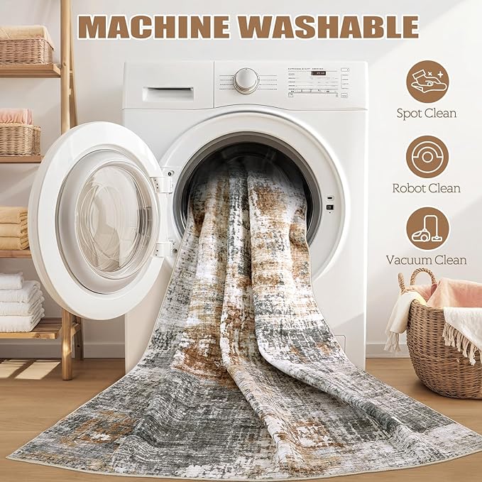 Area Rug Living Room Rugs - 5x8 Washable Large Soft Indoor Neutral Modern Abstract Low Pile Rug Carpet for Bedroom Dining Room Farmhouse Home Office - Grey Brown