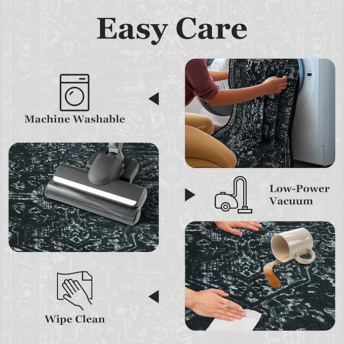 Distressed Black Rugs for Living Room 6x9, Low Pile Thin Area Rugs for Bedroom Manchine Washable Non Slip, Dark Medallion Pinted Carpet for Dining Room Guest Room Home Office