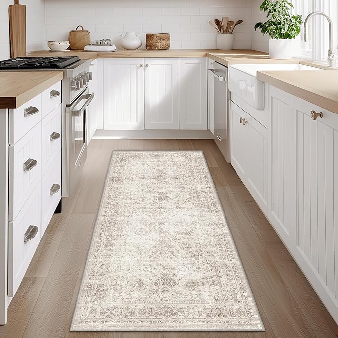 FMFUNCTEX 3x10 Runner Rug Beige Washable Vintage Neutral Distressed Non Slip Low Pile Indoor Carpet Soft Retro Floral Hallway Entryway Rug for Kitchen Living Room Bedroom Bathroom Laundry Bedside