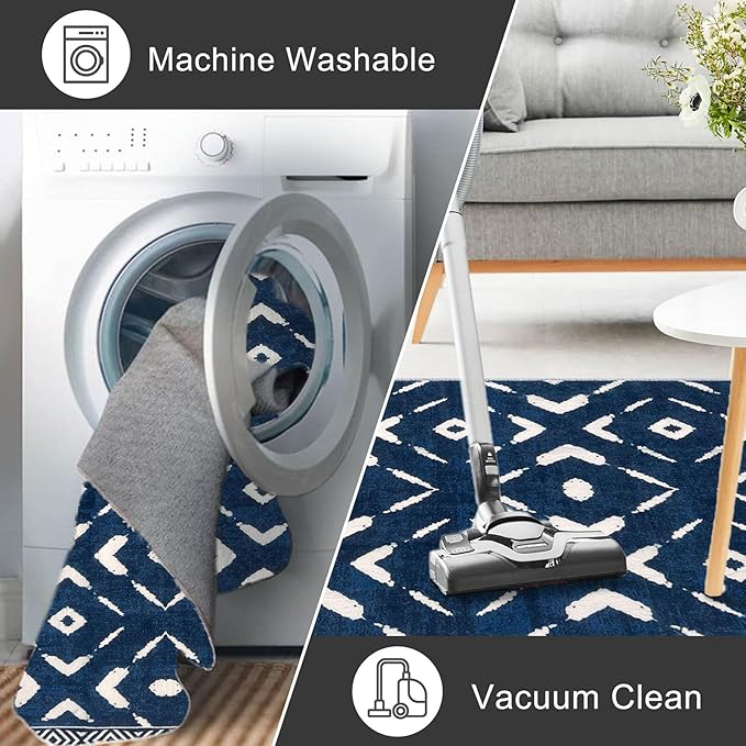 KILOCOCO Hallway Runner Rug 2.6'x16' Runners for Hallways Washable Runner Soft Non Slip Printed Geometric Low-Pile Rugs Runners for Bedroom Kitchen Living Room Boho Rugs, Blue