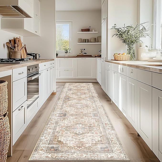 Enkor Runner Rugs for Hallway, 2.6x10.5 Washable Soft Non Slip Floor Rugs for Kitchen, Modern Mat for Living Room Bedroom Entryway Beige & Brown