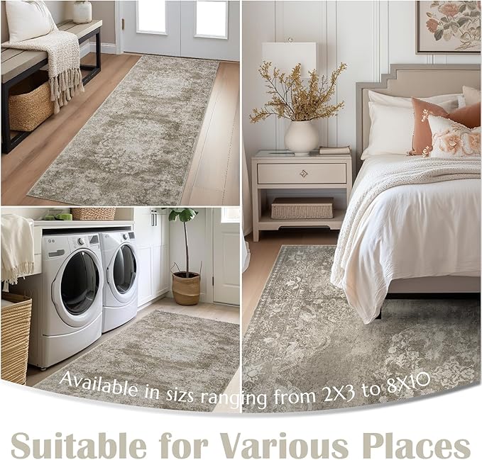 jinchan Floral 2x3 Rug for Entryway - Vintage Washable Area Rug Ultra-Thin Low Pile Soft Small Non-Slip Distressed Indoor Doormat Accent for Entrance Kitchen Bedroom Bathroom (2x3ft, Brown)