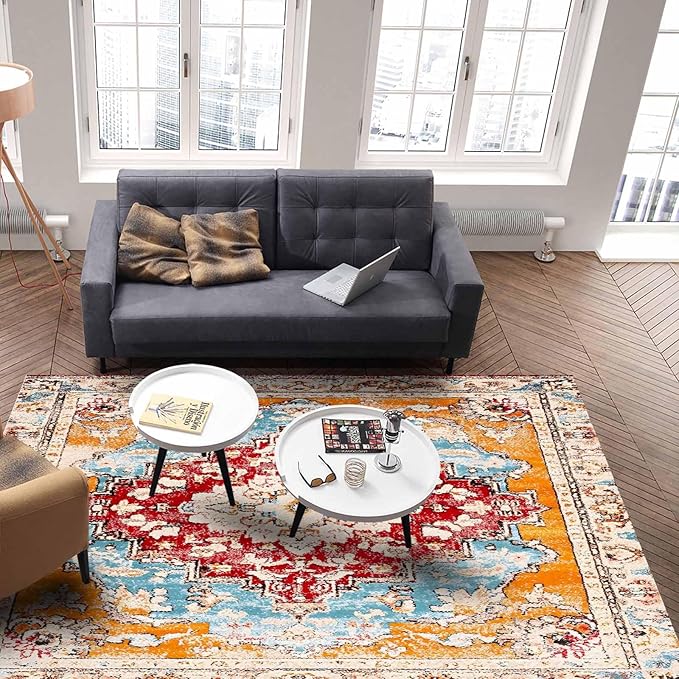 Bohemian Pattern Rectangular Area Rugs for Living Room Bedroom 5 x 8 ft Red & Orange Abstract Non-Shedding Soft Low Pile Rug Non Slip Washable Rug for Nursery Entryway Playroom