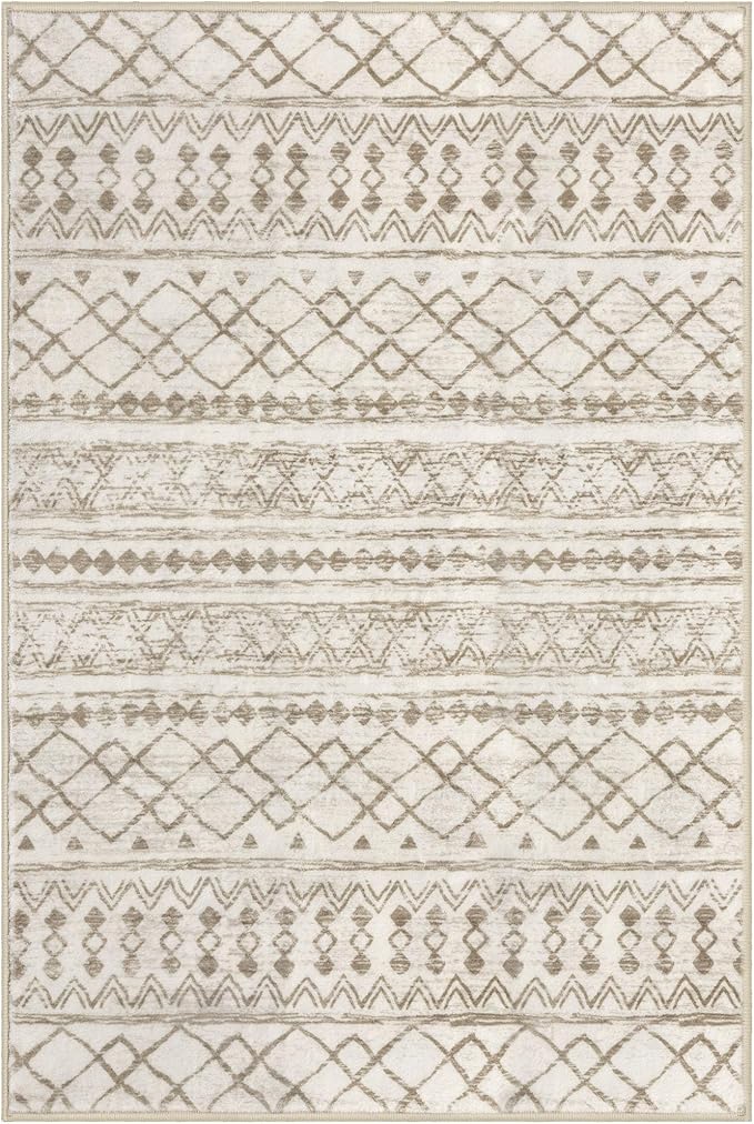 KUTA 6x9 Boho Living Room Rugs, Moroccan Washable Kitchen Rug Non Slip, Beige Ultra Soft Print Distressed Geometric Low-Pile Throw Carpet for Bedroom Nursery Dorm Decor