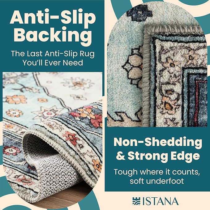 Istana Hallway Runner Rug 2.5x8 – White Cream/Blue Entryway Rug -Silk's Soft Touch Runners for Hallways - Stylish Kitchen Runner Rug Non Slip