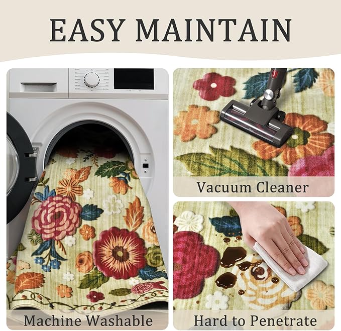4x6 Machine Washable Area Rug for Living Room, Green Vintage Boho Floral Rug Large Non-Slip Low Pile Soft Faux Wool Carpet, Kids and Pets Friendly for Bedroom Dining Room Farmhouse Home Decor Rug
