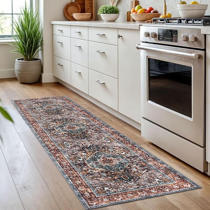 KOZYFLY Runners for Hallways 2x7 Ft Washable Kitchen Runner Rug Boho Runner Rug for Entryway Indoor Printed Oriental Faux Wool Floor Carpet Runner for Bedroom Kitchen Hall, Brick Red/Orange/Green