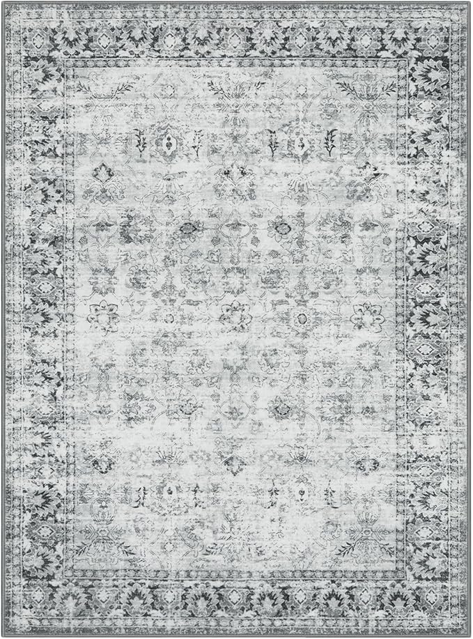 LIVEBOX Washable 9x12 Area Rug for Living Room, Large Grey Neutral Boho Floral, Soft Anti-Skid Thin, Vintage Faux Wool for Office, Bedroom, Dining Room