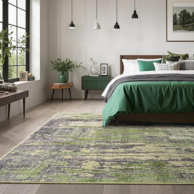 Toneed Abstract Area Rug Modern Washable Rug Soft Non Slip Rug Low Pile for Bedroom Living Room Dining Room Green 4x6 Feet
