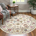 Washable Round Area Rug 4ft - Cream Colorful Traditional Floral Boho Living Room Circle Rug 4x4 Non-Slip Carpet Soft Vintage Bohemian Round Rugs for Bedroom Bathroom Kitchen Nursery