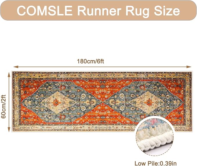 COMSLE Boho Runner Rug, 2' x 6' Washable Rugs for Hallway Faux Wool Small Kitchen Area Rug Distressed Throw Rug Non-Slip Laundry Room Rug Carpet Runner for Entryway Indoor Bedroom