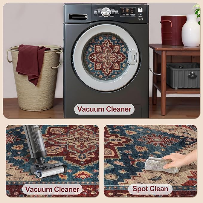 Tangsoo Oriental Red Rug 4x6 Washable Vintage Rugs Non Slip Indoor, Distressed Carpet for Living Room, Dining Room, Soft Low Pile Rugs Boho Foldable Floor for Bedroom Dorm Bedside Bathroom