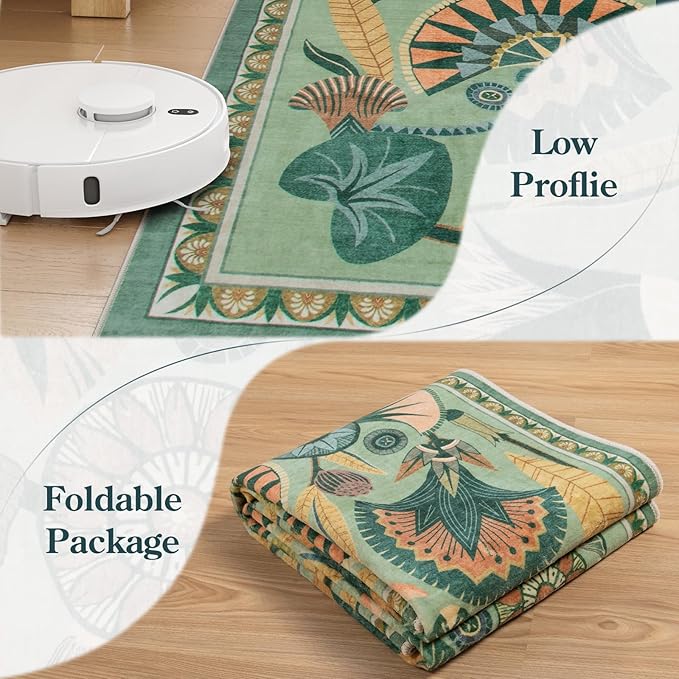 5x7 Floral Rug, Green Rug for Living Room, Washable Low Pile Bedroom Rugs, Non Slip Throw Rugs with Rubber Backing, Soft Carpet for Dining Room Home Office Playroom