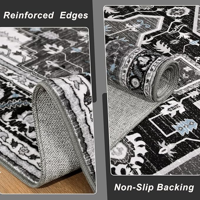 4x6 Black Grey Area Rug for Living Room, Machine Washable Rugs with Non-Slip Backing for Bedroom, Vintage Medallion Carpet Kitchen Laundry Kids Room Decor