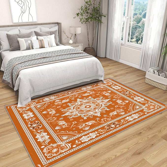 Mandala Rugs for Living Room - 5x7 Area Rugs, Vintage Floral Rug, Orange Mandala Rug for Living Room, Boho Medallion Washable Bedroom Carpet, Meditation Boho Ethnic Home Decor & Gifts