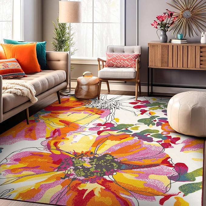 Rugshop Multi Bright Flowers Non Slip Non-Shedding Area Rug for Living Room, Dining Room and Bedroom, 6'6" x 9'