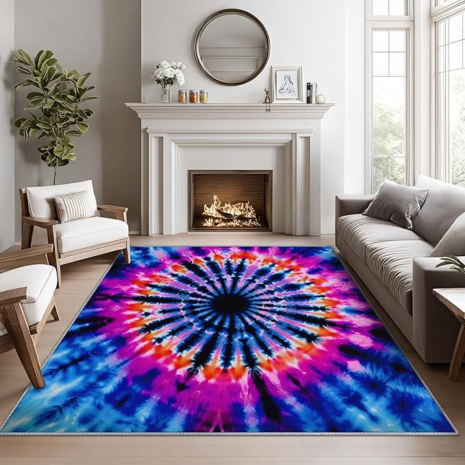 Tie Dye Rugs for Bedroom -Mandala Hippie Rug, 4x6 ft, Colorful Psychedelic Living Room Rug, Blue and Pink Abstract Washable Area Rugs for Bedroom, Multicolor Tie Dye Home Decor & Gifts