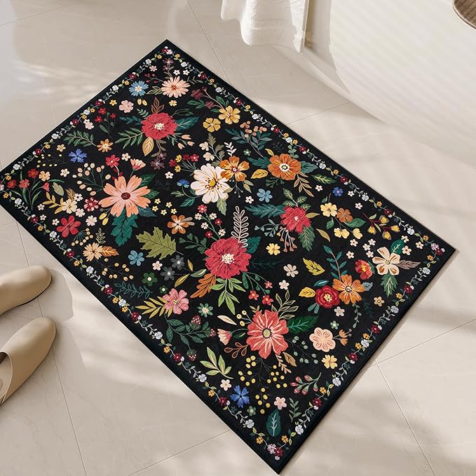 2x3 Washable Rug for Entryway, Floral Soft Small Area Rug, Non Slip Doormat Indoor Entrance Carpet, Flower Low Pile Front Door Throw Rug for Bedroom, Kitchen, Laundry, Bathroom, Black