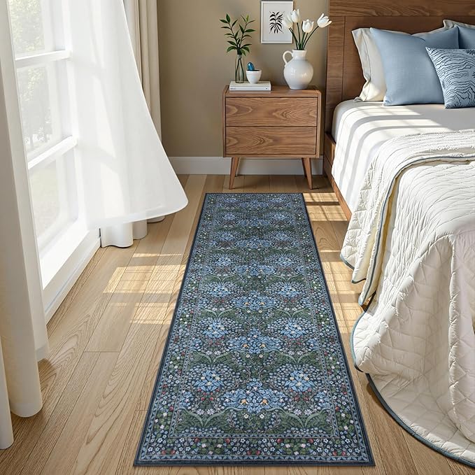 Lahome Floral Washable Kitchen Runner Rug, 2x6 Runners for Hallways Non Slip Ultra-Thin, Boho Soft Hallway Rug Forest Blue Carpet for Bedroom Bathroom Laundry Room, Blue