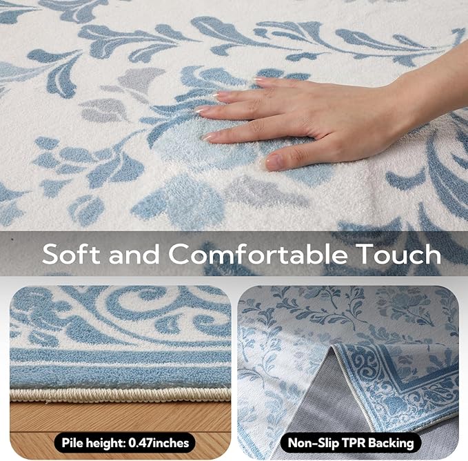 SOULFUL Medium Pile 8x10 Rugs for Living Room - Soft Underfoot Large Area Rug - Mist Blue Boho Floral - Washable Non-Slip - Perfect for Bedroom Kids Room Under Dining Table Office