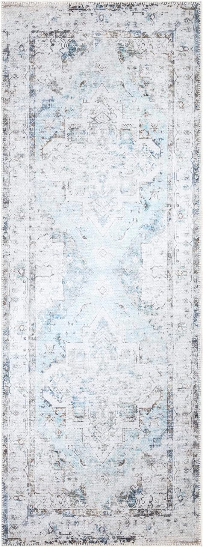 Bloom Rugs Washable Non-Slip 7 ft Runner - Beige/Blue Traditional Runner for Entryway, Hallway, Bathroom, and Kitchen - Exact Size: 2.5' x 7'