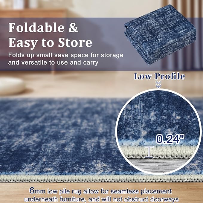 RUGSREAL Solid Rug 4x6 Small Bedroom Rug Machine Washable Area Rug Soft Low-Pile Modern Contemporary Dining Room Area Rug Non-Slip Throw Indoor Carpet for Living Room Bedroom Kids Room, 4' x 6' Blue