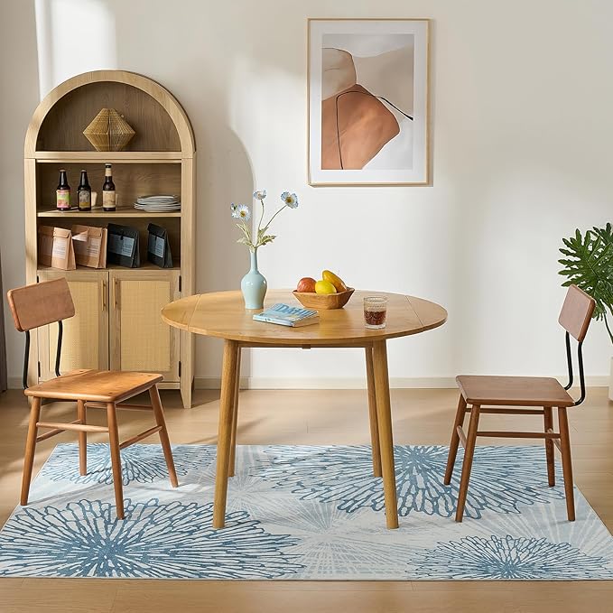 WITSHOCK 5x7 Washable Rug for Living Room,Modern Floral Distress Print Pattern Area Rugs,Stain Resistant with Non Slip Backing Carpet for Dining Room,Bedroom & Home Decor,Blue/Light Blue