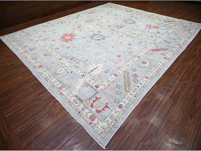 Steel Gray Pure Wool Hand Knotted Afghan Angora Oushak with All Over Pattern Natural Dyes Squarish Oriental Rug (11'9"x14')