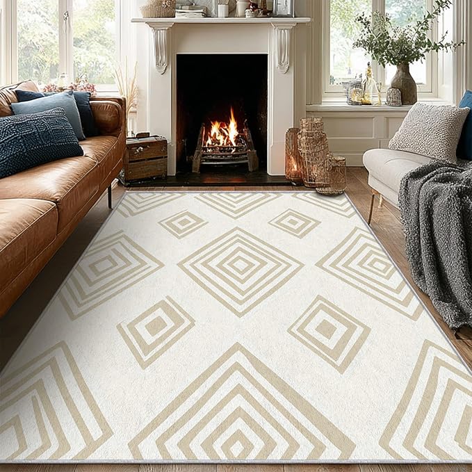 Washable 6x6 Modern Geometric Rug Living Room, Beige Abstract Diamond Design Area Rugs for Bedroom, Modern Geometric Home Decor Carpet, Low Pile, Non Slip, Kids & Pet Friendly (N4183)