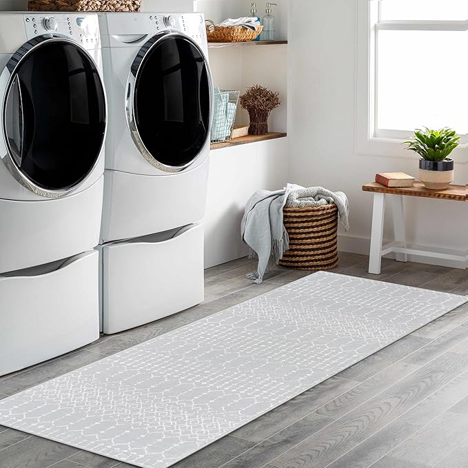Lahome Moroccan Runners for Hallways 2x6 Washable Non-Slip Carpet Runner Throw Ultra-Thin Kitchen Bedroom Rugs Grey Distressed Print Rug Entrance Bathroom Laundry Room Living Grey/White 2' x 6'