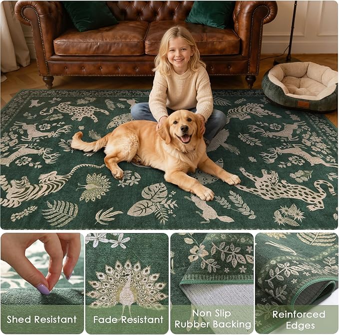 Moynesa Green 5x7 Living Room Rugs, Luxurious Vintage Boho Animal Washable Area Rug for Bedroom Dining Room Office Study, Low Pile Soft Non-Slip Easy Clean Retro Carpets for Indoor