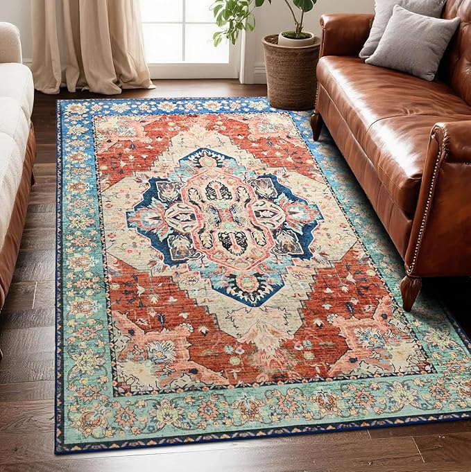 Area Rugs 5x7, Low Pile Washable Rugs, Soft Vintage Distressed Rugs for Bedroom, Living Room, Dining Room, Water Repellent, Non Shedding, Terracotta