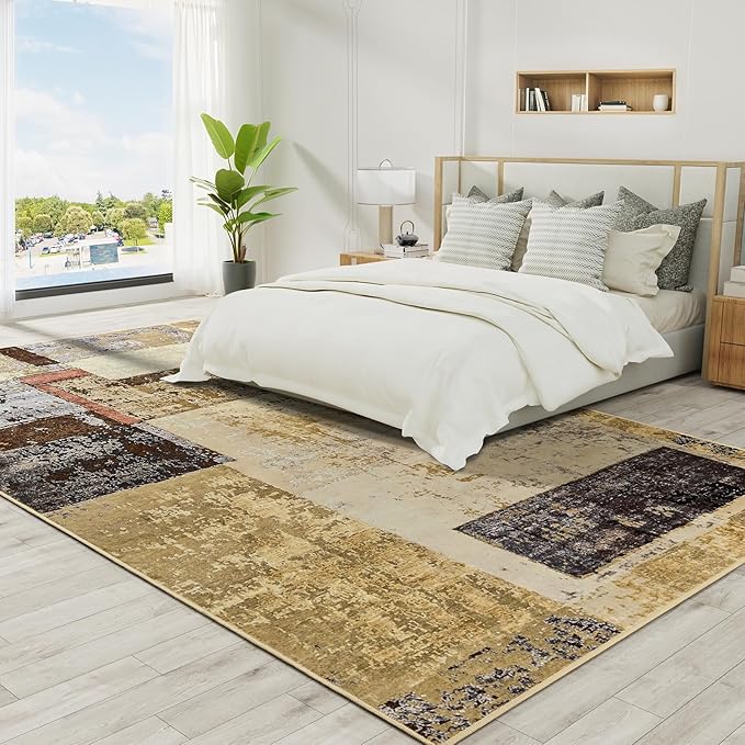 LOCHAS Rug for Living Room 6x9, Washable Soft Area Rugs for Bedroom, Abstract Carpet for Indoor Office Kids Dining Room Nursery Floor, Khaki Geometric Vintage Home Decor, Non Slip, Pet Child Friendly
