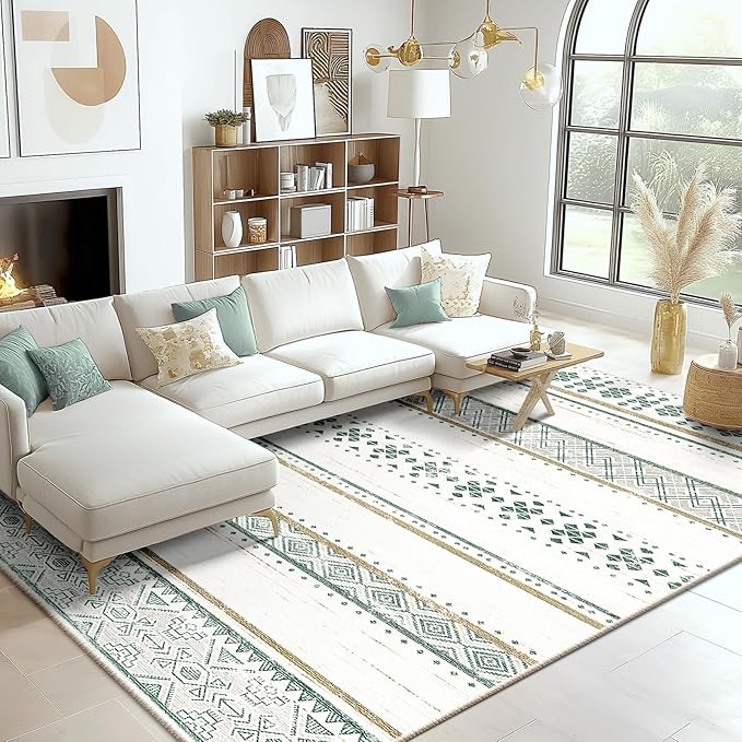 BESTSWEETIE 4x6 Area Rugs for Living Room Washable Moroccan Farmhouse Neutral Geometric Low Pile Non-Slip Soft Print Pattern Rug for Bedroom Kitchen Dining Room Entryway Green/Brown