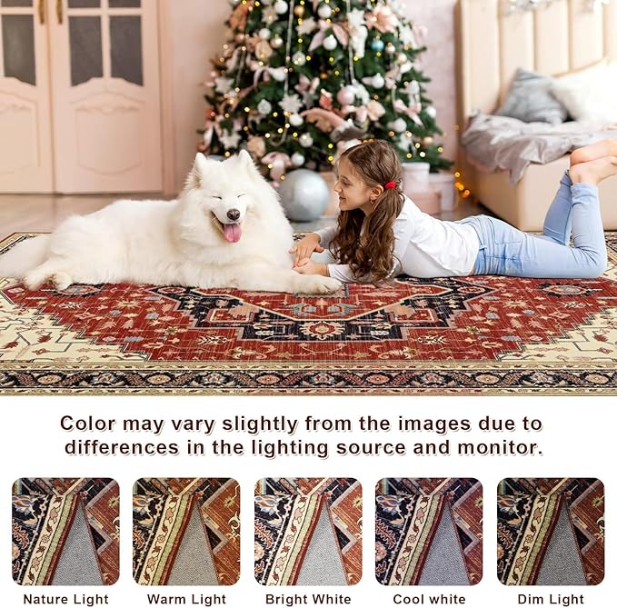5x7 Orange Red Area Rug for Living Room, Machine Washable Rugs with Non-Slip Backing for Bedroom, Vintage Medallion Carpet Dining Room Office Kids Room Decor