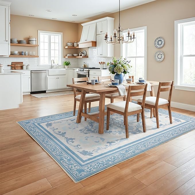 SOULFUL Medium Pile 8x10 Rugs for Living Room - Soft Foot Feel Large Area Rug - Mist Blue Boho Floral - Washable Non-Slip - Perfect for Bedroom Kids Room Under Dining Table Office