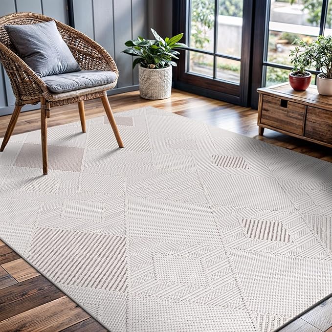 CAMILSON Micro Loop Rug 4x6 Modern Luxury Geometric Diamond Trellis Area Rugs Soft High and Low Pile Stain Resistant Easy-Cleaning Non-Shedding for Living Room Office Indoor Carpet (4 x 6 White-Beige)