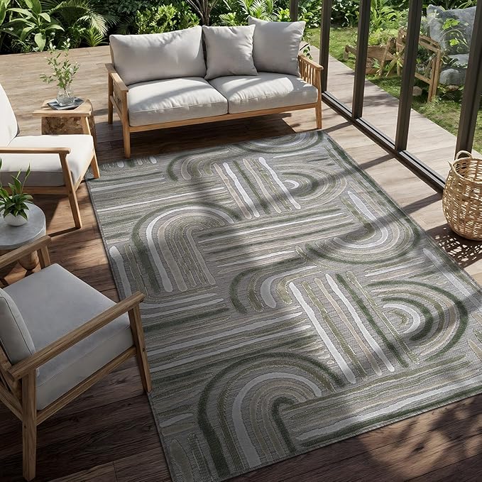 CAMILSON Indoor Outdoor Rug, Beige 8x10 Geometric Arch Striped Area Rugs for Patio and Home Areas, Easy-Cleaning Non-Shedding Living Room, Garden and Deck Washable Outside Carpet (8 x 10)