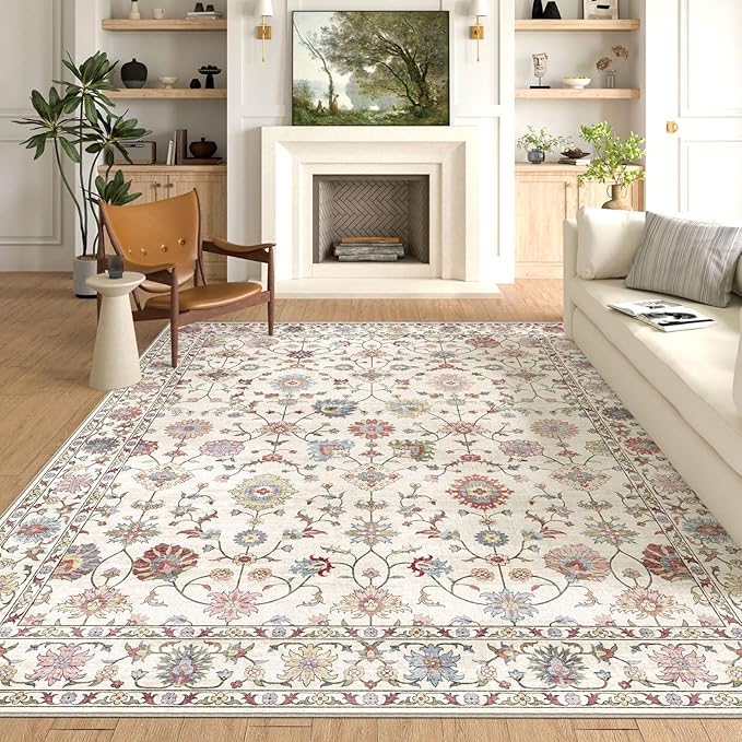 Washable Area Rug 8x10 - Large Cream Colorful Boho Rugs for Living Room Soft Vintage Bedroom Rug Ultra-Thin Traditional Floral Carpet Farmhouse Rug for Dining Room Guest Room Home Decor