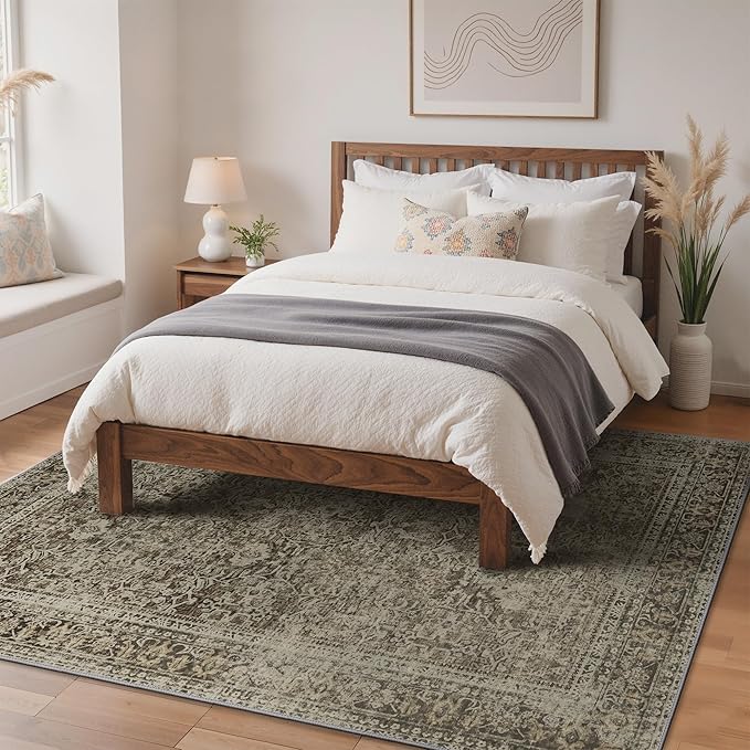 6x9 Area Rug Machine Washable Boho Rug for Living Room,Ultra-Thin Low Pile Carpet,Lightweight Indoor Printed Rug,Non Slip Floral Area Rug for Bedroom, Dining Room, Home Office,Vintage Sage Green