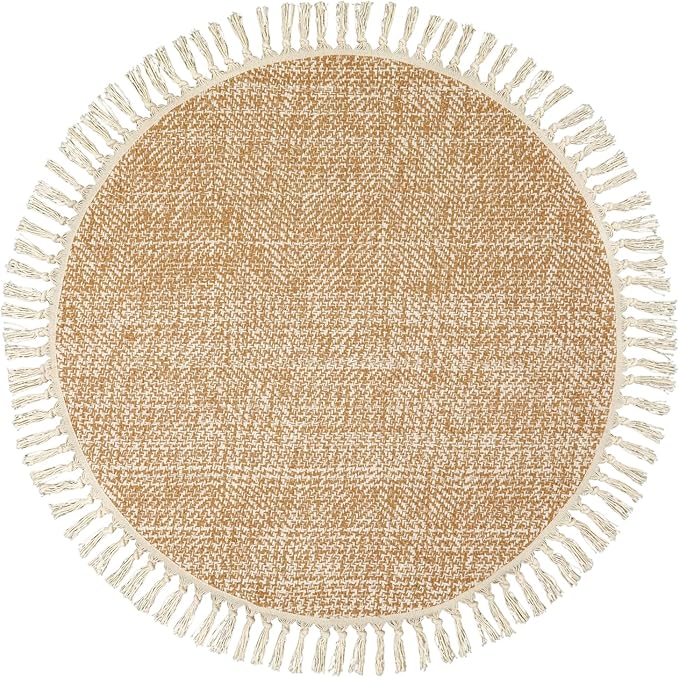 Collive Hand Woven Round Area Rug Soft Cotton Machine Washable Carpet 4ft Farmhouse Rugs with Tassels, Tan/Cream Circle Rugs for Bedroom Living Room Dining Room Table Office