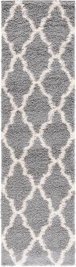 SAFAVIEH Dallas Shag Collection Runner Rug - 2'3" x 18', Grey & Ivory, Trellis Design, Non-Shedding & Easy Care, 1.5-inch Thick Ideal for High Traffic Areas in Living Room, Bedroom (SGD257G)