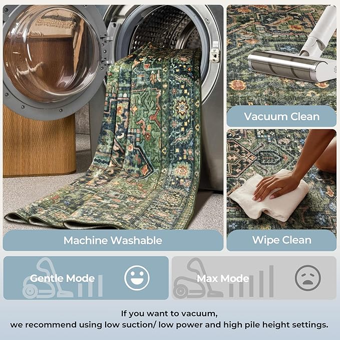 Kokia 6x9 Washable Area Rugs Dark Green with Vintage Orient Design Soft Rug for Living Room or Home Office Non-Slip Low Pile Stain Resistance Features Distressed Medallion Pattern